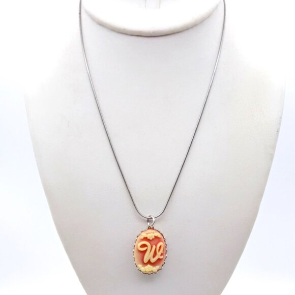 Vintage Initial W Pendant Necklace, Coquette Script with Floral Pastel on Silver - Picture 1 of 4